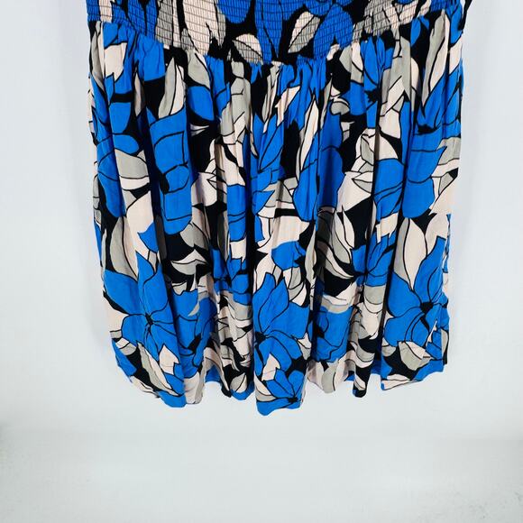 Free People Indigo Floral Smocked Mini Dress Boho Peasant Puff Sleeve Size M - Picture 9 of 11